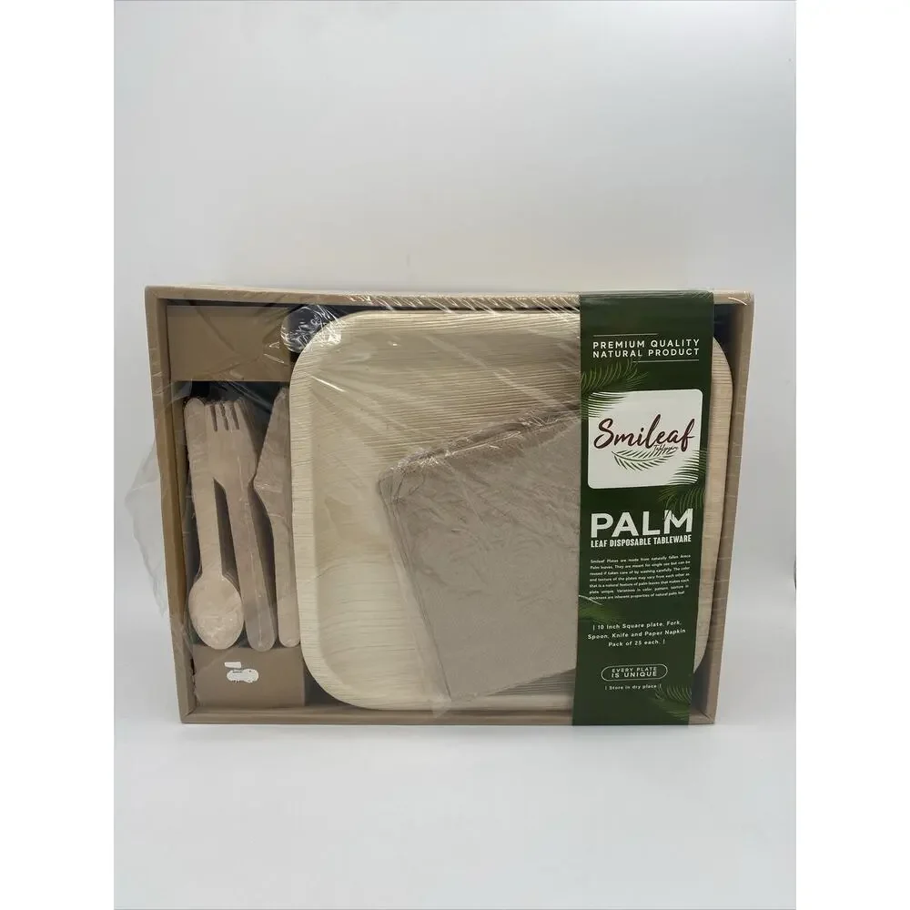 Smileaf Palm Leaf Square Plates, Forks, Spoons And Knives Pack 25 Each NEW